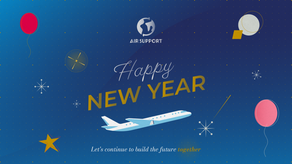 Air Support 2026 greeting card with the message Happy New Year, a passenger plane in flight and festive illustrations.